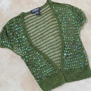 ✨Retro Vintage Mermaid Paillette Sequined Ivy Green Crochet Bolero Shrug -Sz M✨